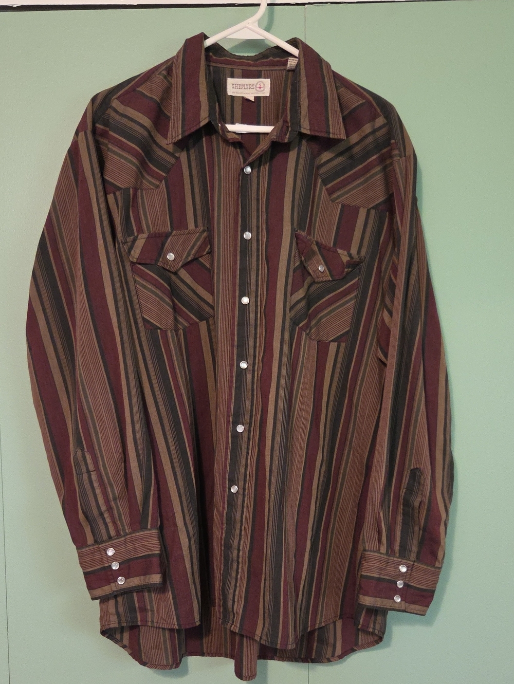 Vintage Sheplers Striped Western Button Down Mens Size Xl Brown Green Maroon